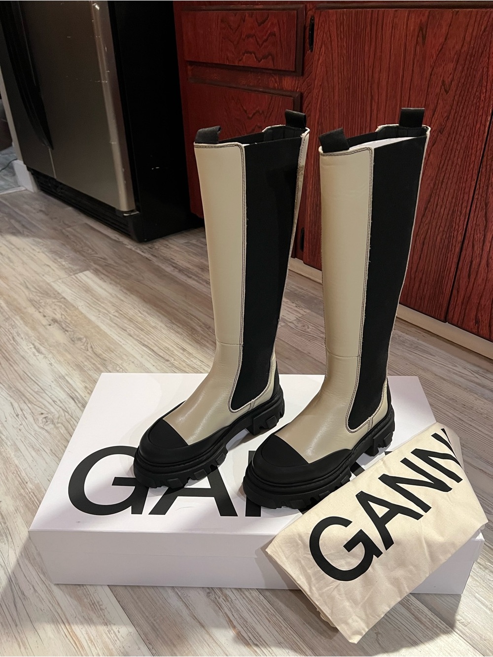 Ganni Tall Two-Tone Chelsea Lug Boots in Cream and Black Size UK37